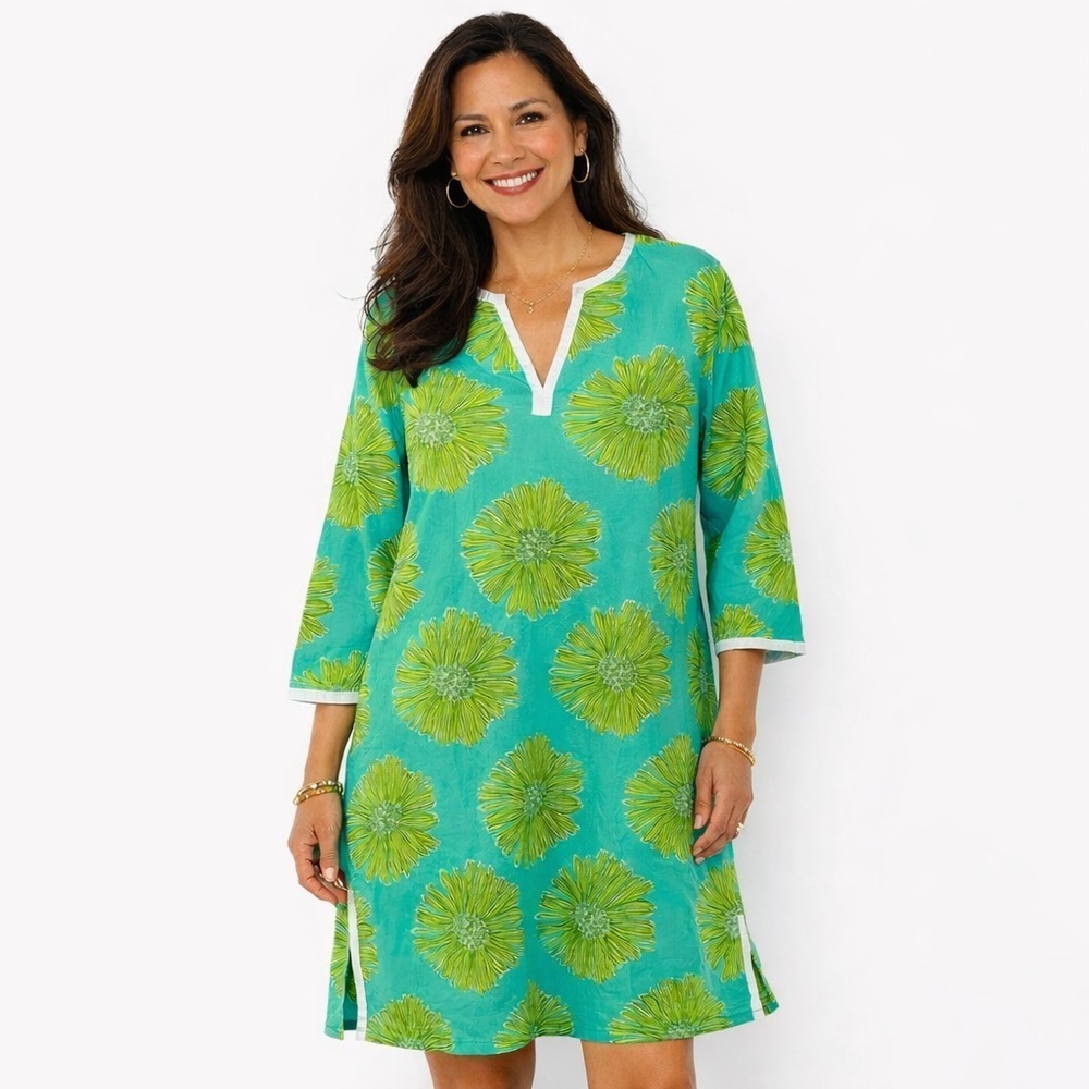 Lilly Pulitzer size S Floral V-Neck Dress Tropical Vibrant Cover Up Green Tunic